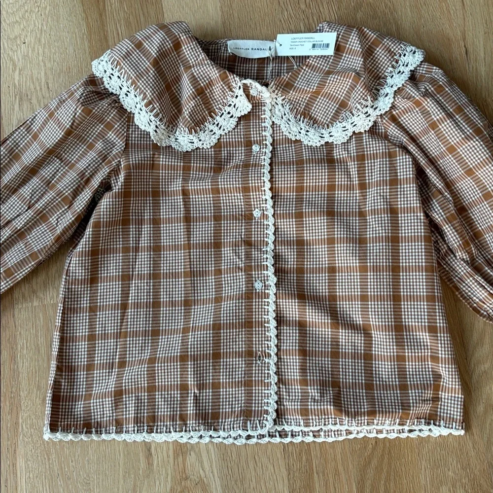 Checked Lace-Trim Puff Sleeve Top - Tan - Picture 3 of 8